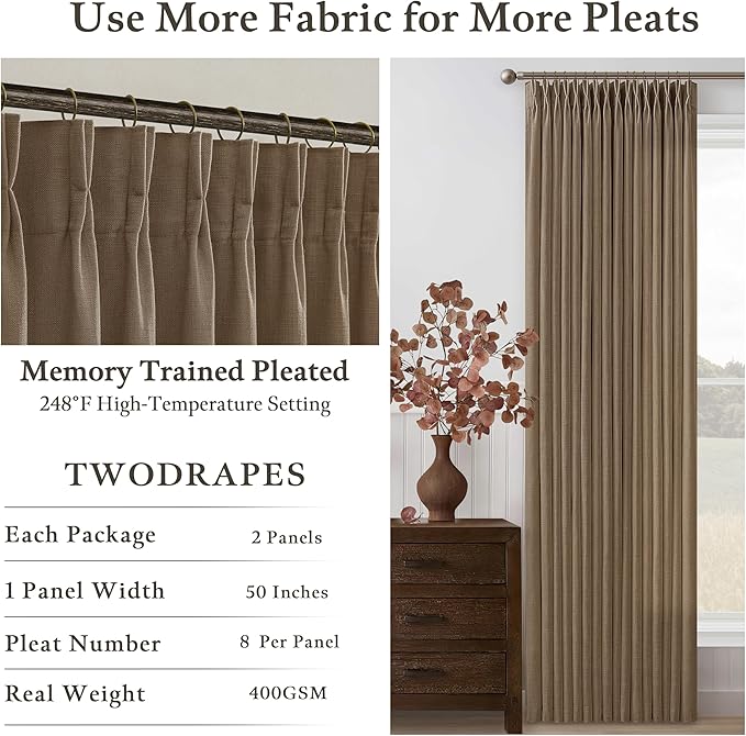 Dutch Cocoa Pinch Pleat Linen Curtains 72 Inch Long for Closet Cabinet 72 Inches Length Brown Farmhouse Boho Country Back Tab Memory Trained Drapes Living Room Bedroom Light Filtering Curtain 2 Panels