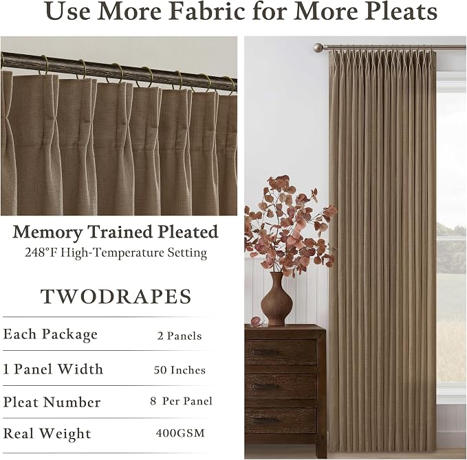 Dark Brown Pinch Pleated Linen Curtains 84 Inches Long 2 Panels Set for Dining Living Room Bedroom 50 Inch Wide Bohemian Light Filtering Back Tab Drapes with Hooks Farmhouse Window Curtain Panels