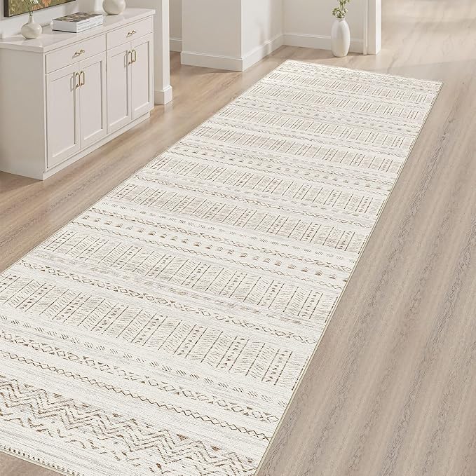 cotiled Hallway 2.6x10 Runner Rugs: Washable Boho Rugs with Non Slip Backing Large Soft Indoor Stain Resistant Carpet for Living Room Bedroom Farmhouse Dining Room Lightweight Home Decor Brown/Cream