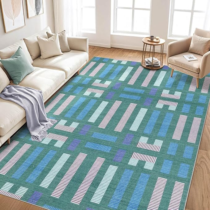 cotiled 6x9 Area Rug Living Room: Washable Boho Rugs with Non Slip Backing Large Soft Indoor Stain Resistant Carpet for Bedroom Farmhouse Dining Room Lightweight Home Decor Green