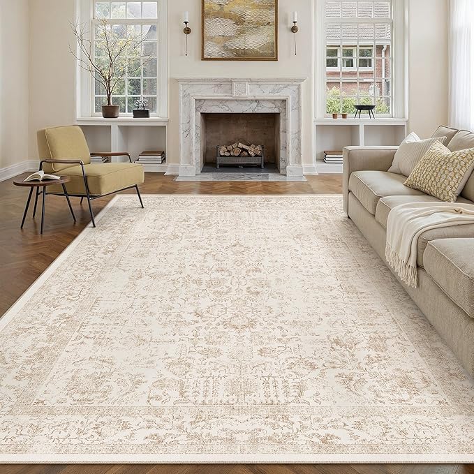 PureCozy Beige Area Rug 8x10 Machine Washable Large Vintage Living Room Distressed Non Slip Carpet Traditional Indoor Bedroom Retro Floral Accent Throw Rug for Office Kitchen Dining Room