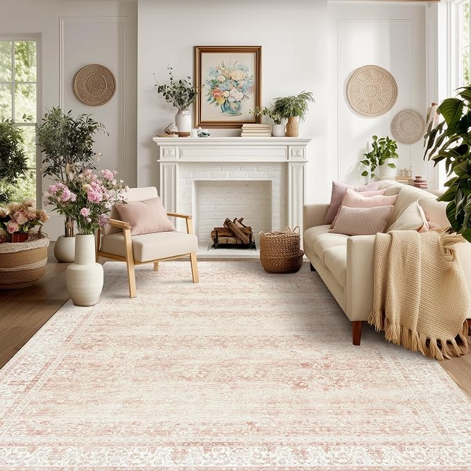 BILEEHOME Pink Washable 9x12 Area Rugs for Living Room Big Girls Bedroom Blush Pink Low Pile Soft Non Slip Neutral Boho Floral Extra Large Area Rug for Nursery Playroom Dining Room,9 by 12