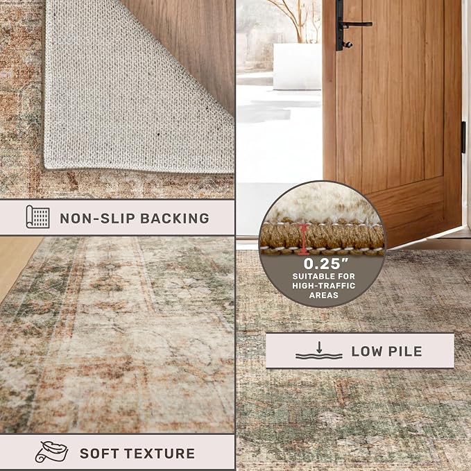 Vintage Green and Brown 6x8 Living Room Rug - Modern Abstract Rug for Dining Room Under Table, Bedroom, Foldable High Traffic Area Carpet, Washable Non Slip Soft Rust Taupe Faded Print Mat