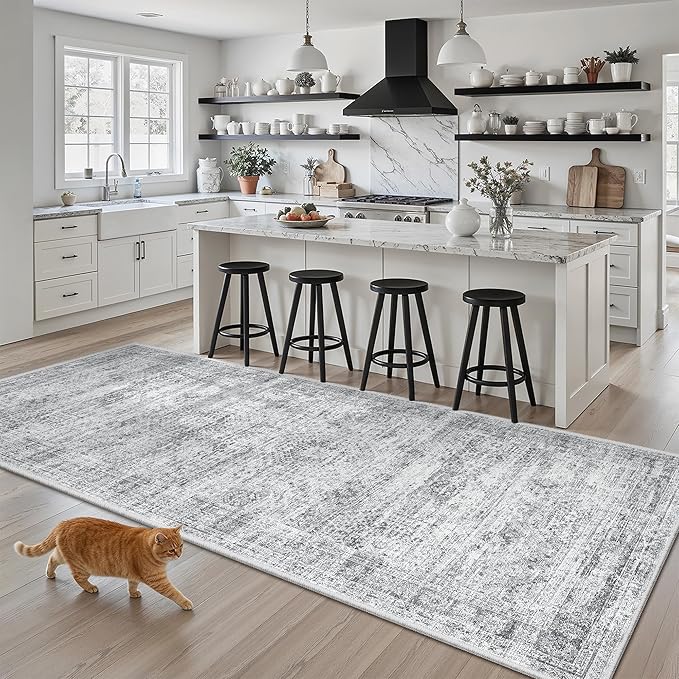 Soalmost Runner Rug 3x6 Washable Non-Slip Kitchen Runner Rugs for Bathroom Laundry Room Grey Vintage Floor Carpet Runners for Hallway Entryway