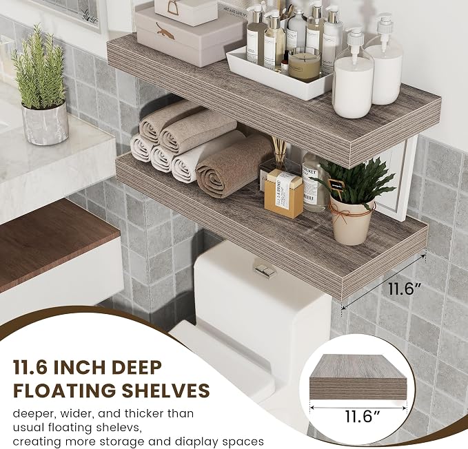 FLYJOE Deep Floating Shelves, 30 Inches Long, Set of 2 | 12 Inch Deep Shelves for Wall, 30'' x 12'' Rustic Grey Wood Shelves for Bathroom Living Room Laundry Room Kitchen
