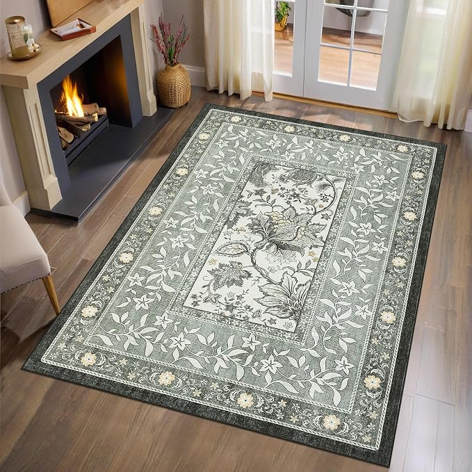 GarveeHome Provence Fog 3x5 Rug Washable Non-Slip Low-Pile Indoor Rugs for Entryway Botanical Grove Vintage Boho Cottage Throw Carpet for Kitchen Bedroom Living Room Bathroom Mat