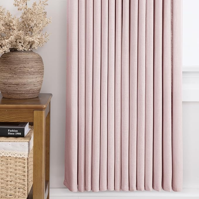 Pink Pinch Pleated Linen Curtains 63 Inch Length 2 Panels for Living Room Bedroom Textured Pink Semi Sheer Drapes Pinch Pleat Rings Window Curtain 40x63