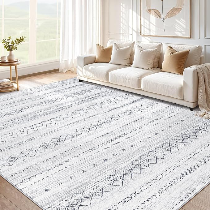 cotiled 9x12 Area Rug Living Room: Washable Boho Rugs with Non Slip Backing Large Soft Indoor Stain Resistant Carpet for Bedroom Farmhouse Dining Room Lightweight Home Decor Grey