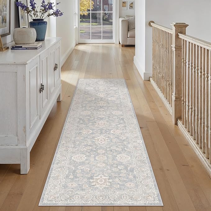 2x8 Blue Cream Washable Runner Rug for Kitchen Hallway Neutral Floral Soft Non Slip Rug Low Pile Distressed Carpet for Bathroom Bedroom Indoor Nursery