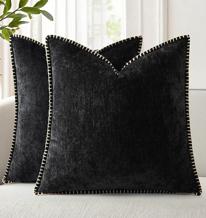 decorUhome Chenille Soft Cozy Throw Pillow Covers 16x16 Set of 2, Modern Farmhouse Boho Velvet Decorative Pillow Cases with Stitched Edge for Couch Sofa Bed Home Decor, Black