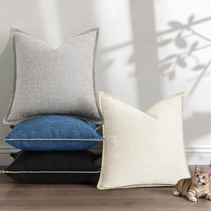decorUhome Summer Decorative Throw Pillow Covers 16x16 Set of 2 Square Faux Linen Outdoor Neutral Farmhouse Pillow Covers with Stitched Edge for Couch Sofa Living Room, Dark Blue