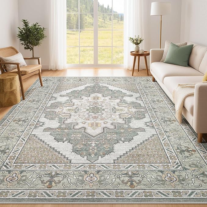 Tortania Area Rug Living Room Rugs - 5x7 Washable Boho Rug Vintage Oriental Distressed Farmhouse Large Thin Indoor Carpet for Living Room Bedroom Under Dining Table Home Office - Sage Green