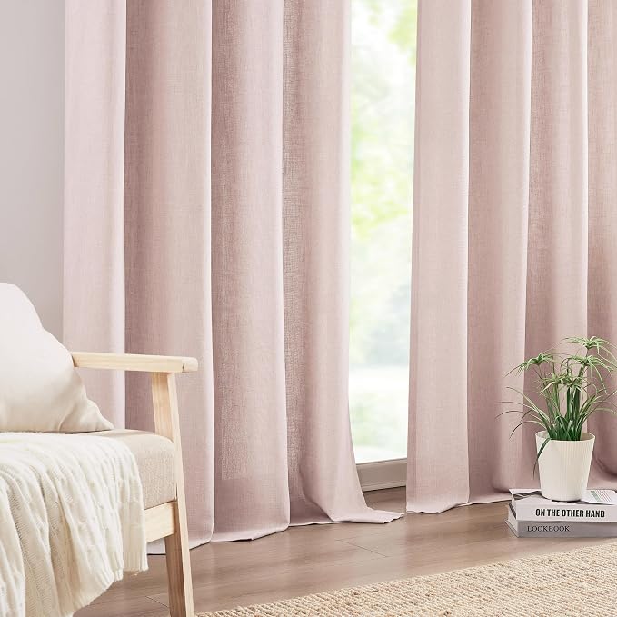 Central Park Pink Pinch Pleat Light Filtering Window Curtain Panels with Microfiber Liner Linen Blended Textured Privacy Drape 108 Inches for Living Room Bedroom with Back Tabs Hooks, 40" Wx108 Lx2