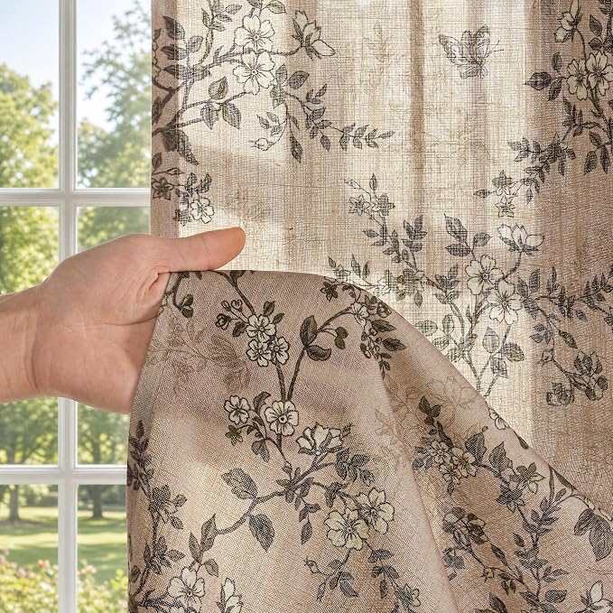 StangH Taupe Floral Curtains with Natural Linen Texture, Farmhouse Vintage Butterfly Print Light Filtering Window Treatment for Dining Room, W52 x L90, 2 Panels