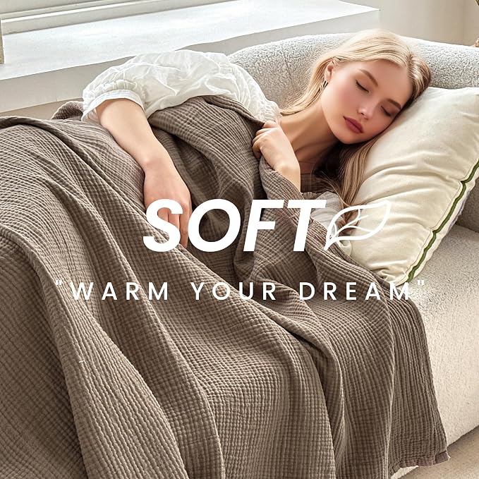 FALUCA Cotton Muslin Cooling Reversible Blanket Twin Size for Bed, Couch, Four Layers Blanket, Soft Lightweight Cozy Breathable Farmhouse Decoration for Summer, Brown