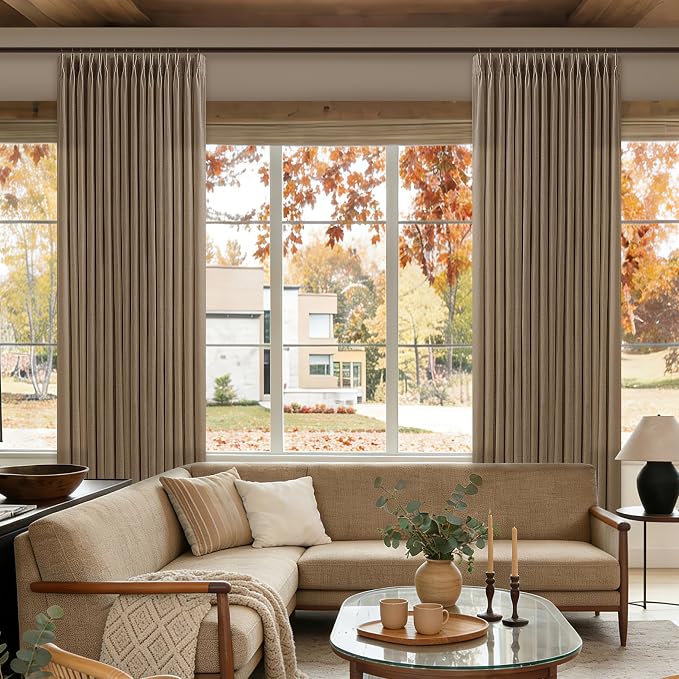 Brown Pinch Pleated Linen Curtains 90 Inches Long 2 Panels Set Light Filtering Memory Trained Rustic Boho Window Drape with Hooks Rings Dutch Cocoa Semi Sheer Patio Door Pleat Curtain W50xL90