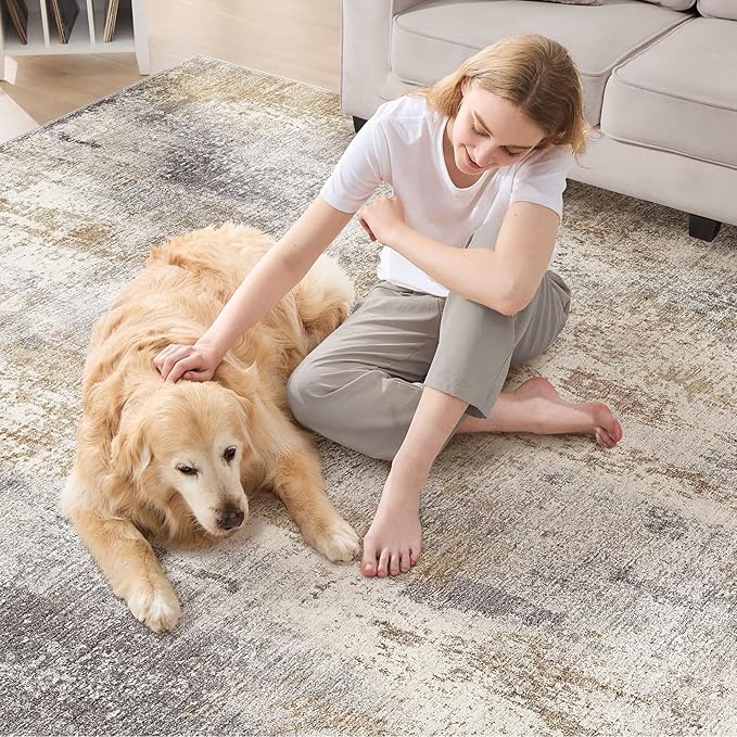DMOYEST Area Rug Living Room Rugs - 5x7 Washable Soft Indoor Neutral Modern Abstract Low Pile Rug Carpet for Bedroom Dining Room Farmhouse Home Office - Brown Grey