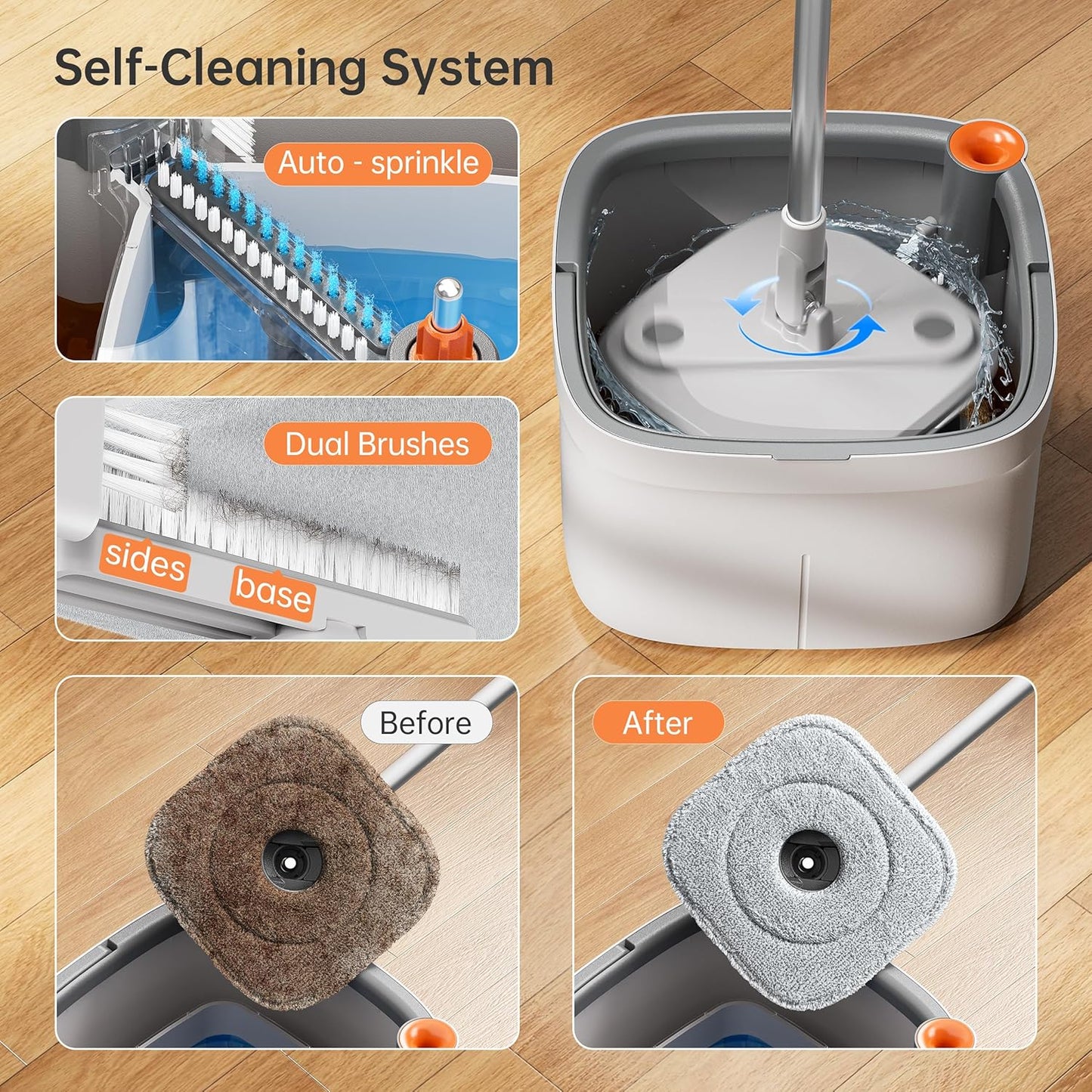 KZKR Spin Mop and Bucket Set with Self Separation Dirty and Clean Water System, Self Wringing 360° Rotating Square Mop Head for Home Floors Cleaning (1.0 Mop and Bucket Set (4 Pads))