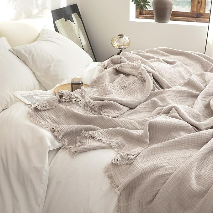 FOSSA Muslin Blanket 4-Layer 100% Cotton Gauze Blanket with Fringe 50"x60" | Super Soft Breathable Lightweight All Season & Decorative Blanket or Bed, Sofa, Office (Beige Gray,Throw)