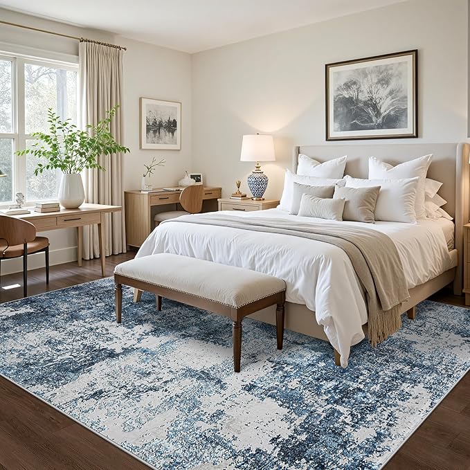Area Rug 9x12 Living Room: Large Washable Rug with Anti-Slip Backing Non-Shedding Stain-Resistant Soft Abstract Carpet for Bedroom Dining Room Nursery Home Office (Blue)