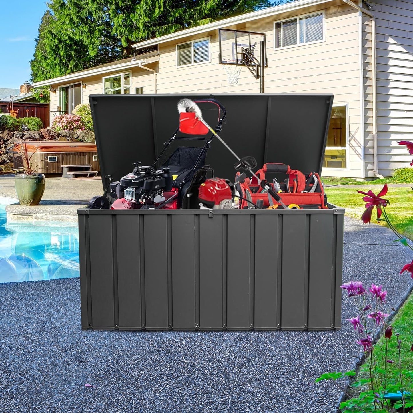 Domi 150 Gallon Deck Box, Outdoor Metal Lockable Storage Cabinet, Waterproof Steel Outdoor Bench with Lockable Lid, Side Handles & Rolling Casters for Outside Cushions, Pillows, Garden Tools, Grey