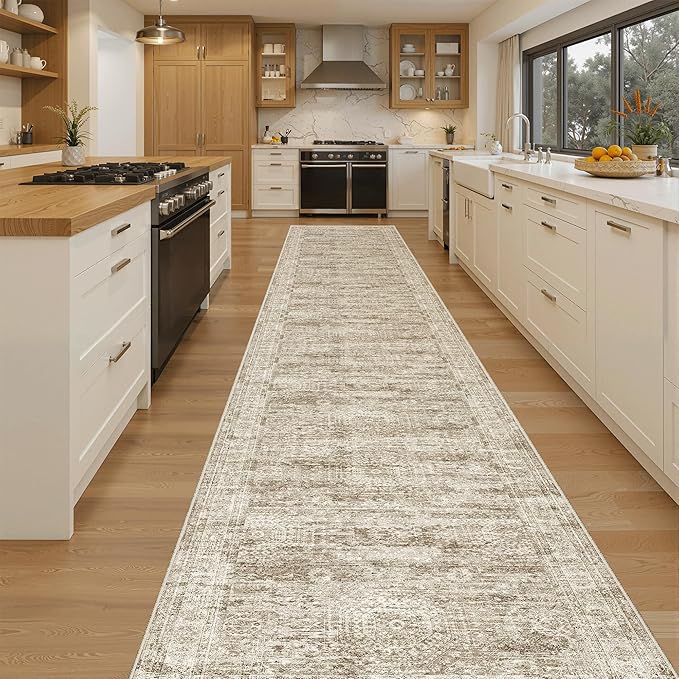 Soalmost Runner Rug 2'6" x 16' Washable Non-Slip 2.5x16 ft Long Runner Rugs for Kitchen Bathroom Laundry Room Vintage Ultra Thin Runners for Hallway Entryway Brown