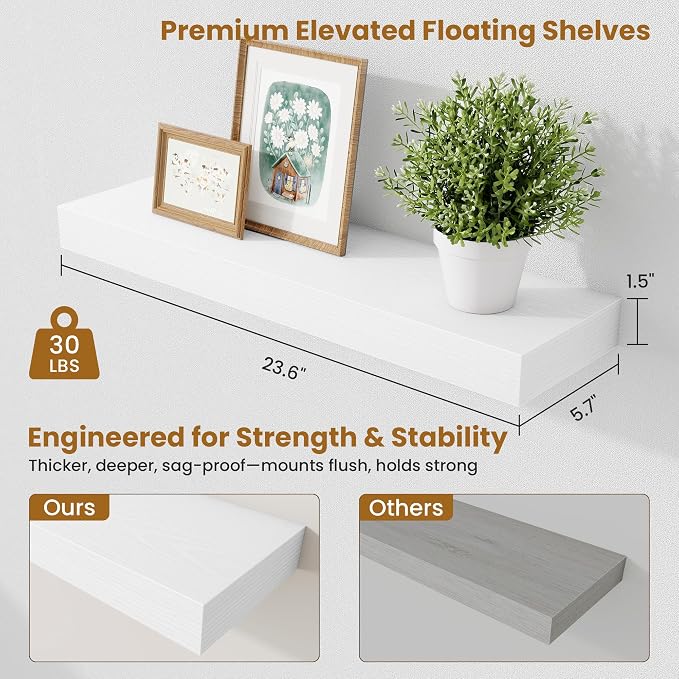 Fun Memories Floating Shelves Set of 2, 24 Inch Floating Shelves for Wall, Wood Wall Shelves with Invisible Brackets, for Bathroom, Bedroom, Living Room, Kitchen, White
