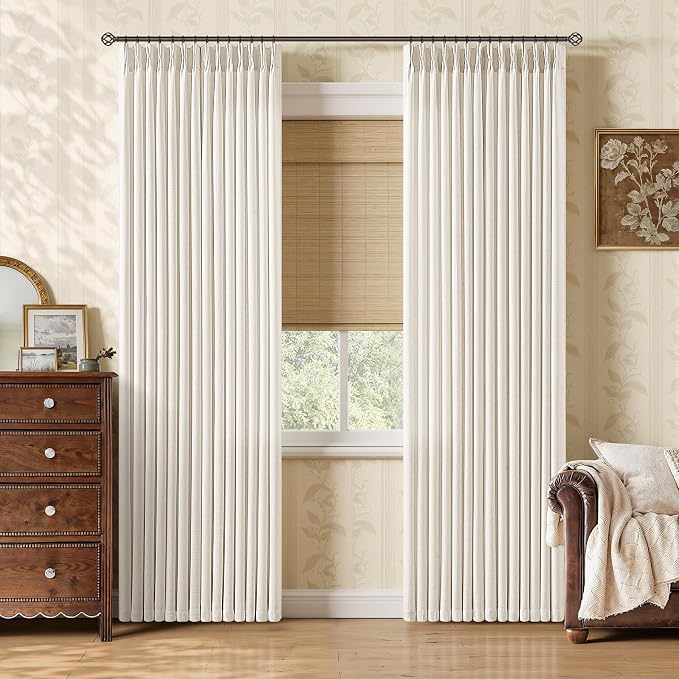 84 Inches Natural Pleated Linen Curtains 2 Panels Neutral Farmhouse Memory Training Shaped Light Filtering Drapes with Ring Hooks Rustic Beige White Pinch Pleat Burlap Curtains for Bedroom Living Room