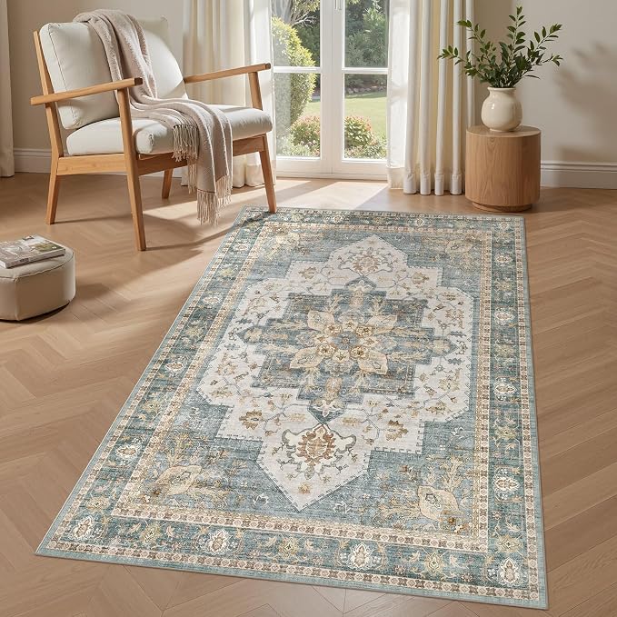 Tortania Area Rug Living Room Rugs - 3x5 Washable Rug Vintage Oriental Distressed Farmhouse Small Thin Indoor Carpet for Living Room Bedroom Under Dining Table Home Office - Muted Teal