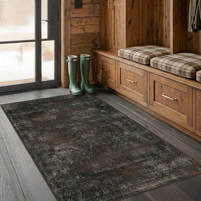 Black 3x4 Washable Entryway Rug, Non-Slip Low Pile Indoor Rug for Mudroom, Bathroom, Kitchen & Hallway, Stain Resistant Dark Volcanic Charcoal Modern Farmhouse Style