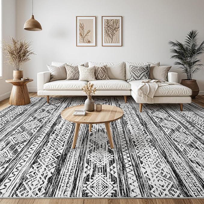 Tortania Area Rug Living Room Rugs - 8x10 Washable Large Soft Neutral Boho Moroccan Bohemian Farmhouse Rug Indoor Floor Carpet for Bedroom Under Dining Table Home Office Decor - Black White