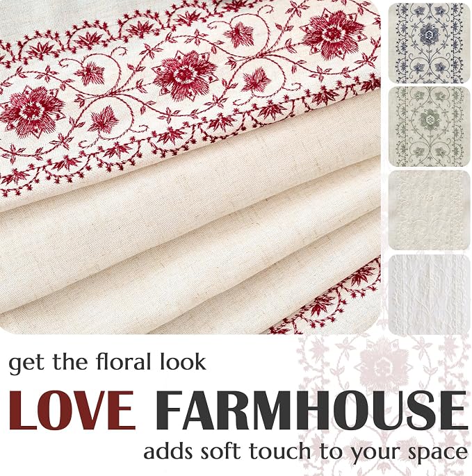 jinchan Boho Curtains for Bedroom Red Vintage Floral Farmhouse Curtains 96 Inches Long Linen Blend Drapes for Living Room Embroidered Light Filtering Drapes Rod Pocket Red on Beige 2 Panels