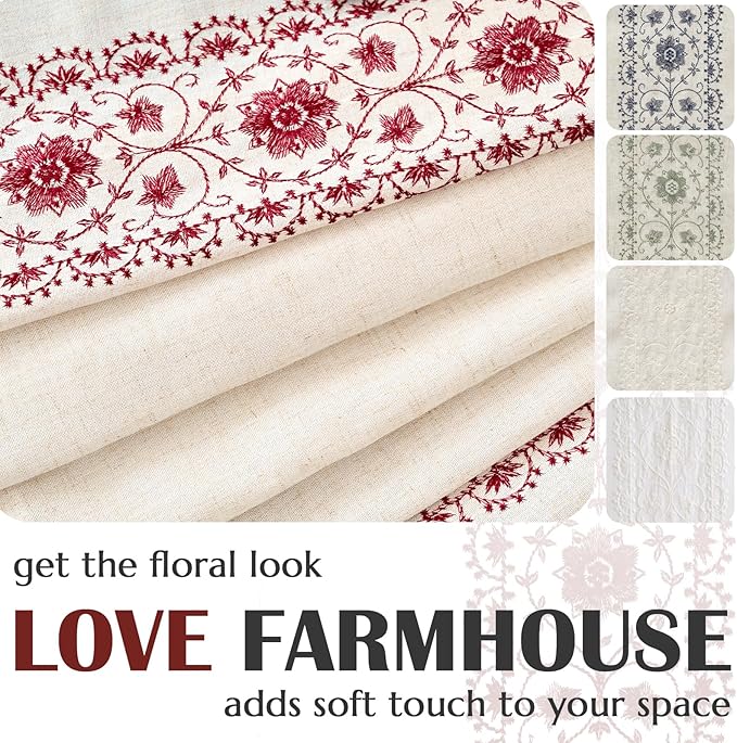 jinchan Boho Curtains for Bedroom Red Vintage Floral Farmhouse Curtains 84 Inches Long Linen Blend Drapes for Living Room Embroidered Light Filtering Drapes Rod Pocket Red on Beige 2 Panels