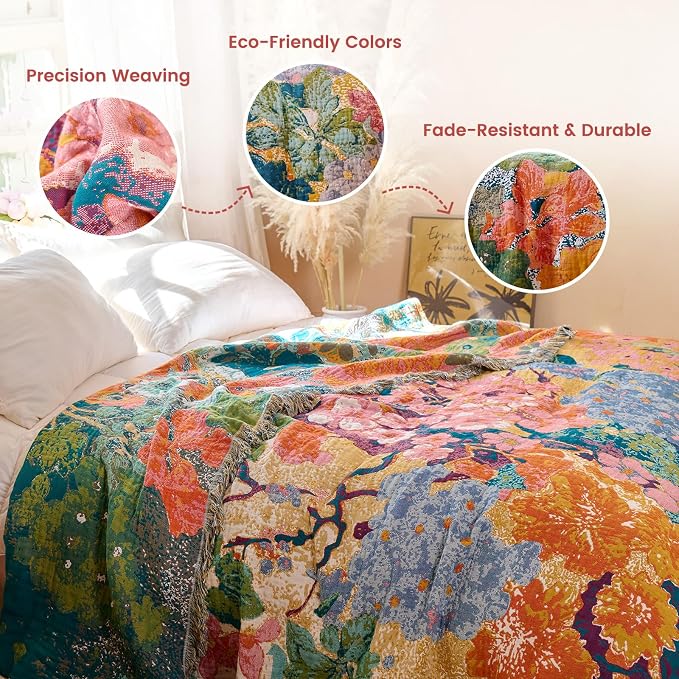MSGKV Boho Throw Blanket for Couch 50"x60" Cotton Floral Blankets for Sofa Chair Summer Breathable Farmhouse Home Decor All Seasons Lightweight Muslin