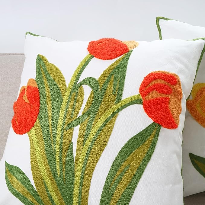 Embroidery Throw Pillow Cover 18x18 Home Decor Floor Pillow Cover for Couch Sofa Chair Best Gift 100% Cotton Floral Embroidered Cushion Cover Square Pillowcase 45x45cm Red Tulip, 1 Piece