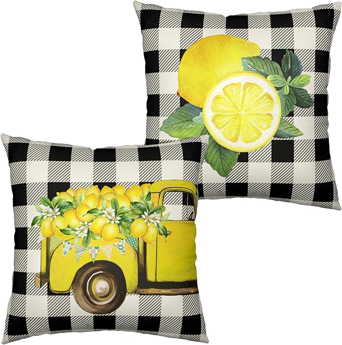 Summer Lemon Pillow Covers Yellow Truck with Yellow Lemon Blossom Throw Pillow Covers Black Buffalo Plaid Cushion Case 18x18 Set of 2 for Living Room Farmhouse Patio Car