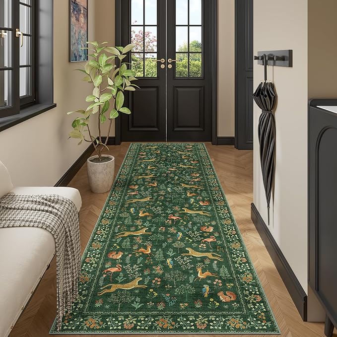 DUKINO 3x10 Washable Runner Rug for Hallway, Lightweight Loog Kitchen Rug with Low Pile Design, Vintage Animal Non Shedding Thin Indoor Carpet for Entryway, Bathroom, Bedroom, Laundry Room, Green