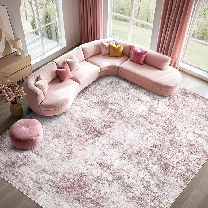 UERMEI 5x7 Area Living Room Rugs - Washable Neutral Modern Abstract Soft Thin Large Rug Indoor Floor No Slip Rug Carpet for Bedroom Under Dining Table Home Office Decor - Pink