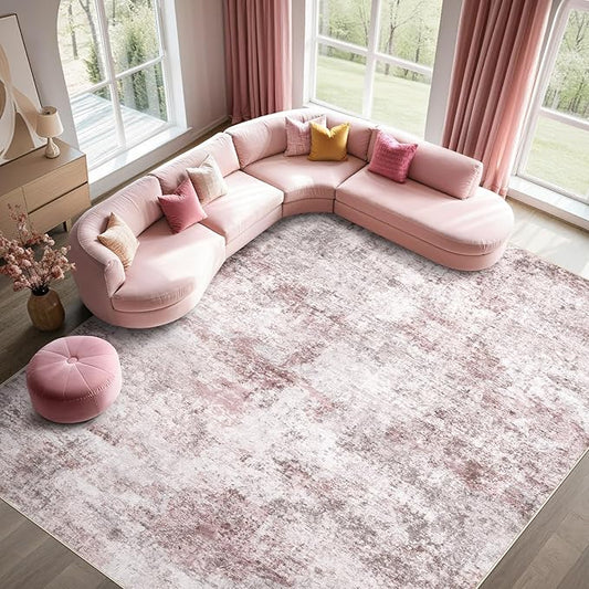 UERMEI 5x7 Area Living Room Rugs - Washable Neutral Modern Abstract Soft Thin Large Rug Indoor Floor No Slip Rug Carpet for Bedroom Under Dining Table Home Office Decor - Pink