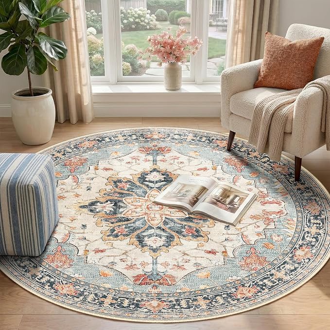 RELEANY Area Rugs 4ft Washable Non-Slip, Floral Vintage Distress Print Pattern Medallion Carpet for Living Room Bedroom Dining Room, Beige Navy Blue Orange Colorful