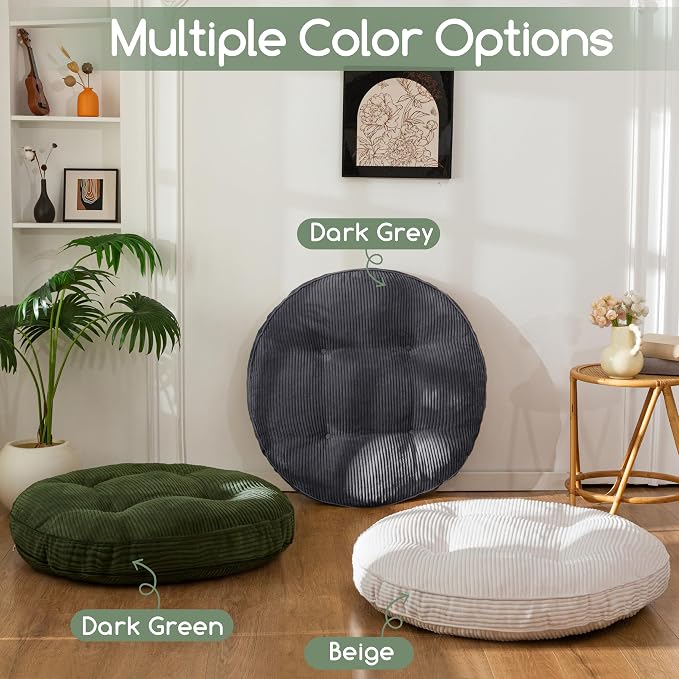 HIGOGOGO 35" Floor Pillow Cushion for Adults, Meditation Cushion Pillow, Extra Large Square Floor Sitting, Tufted Corduroy Cover for Tatami Living Room or Yoga, Dark Grey