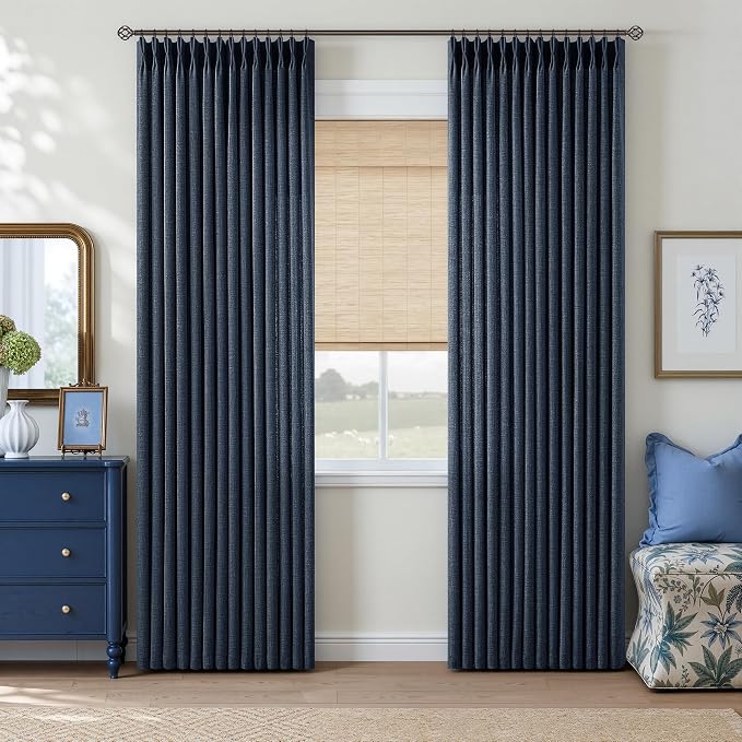 Pinch Pleated Linen Navy Curtains 84 Inches 2 Panels Dark Blue Indigo Modern Light Filtering Privacy Textured Pleat Curtains with Hooks Rings for Living Room Bedroom Memory Trained Back Tab Drapes
