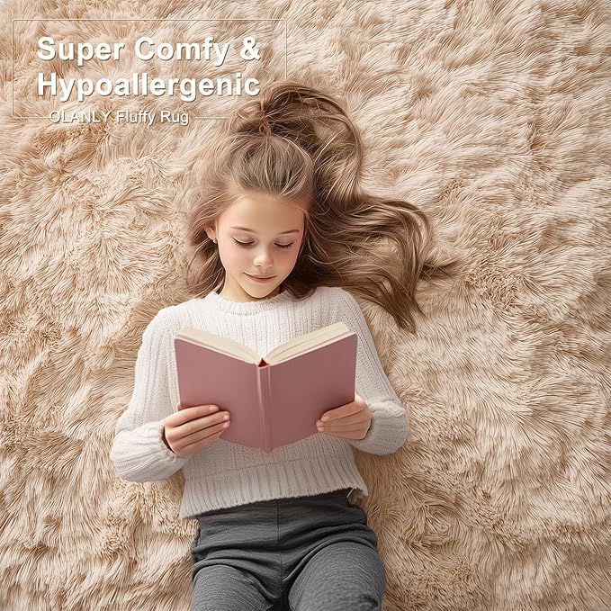OLANLY 3x3 Machine Washable Small Bedside Rug, Soft Fluffy Shaggy Entryway Throw Rugs for Bedroom, Living Room, Indoor Floor Carpet for Kids Girls and Boys, Nursery Rooms, Home Decor Aesthetic, Beige