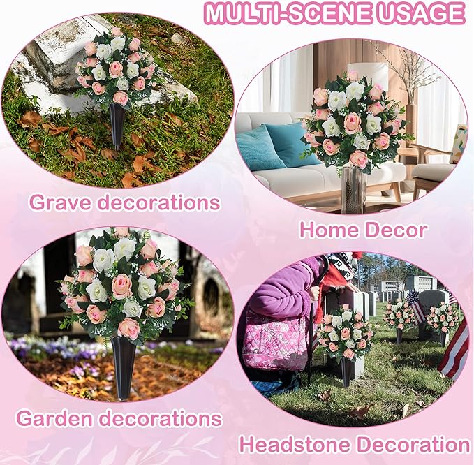 Lodou Set of 2 Artificial Cemetery Flowers, Memorial Flowers Bouquet,Grave Memorial Flowers with Vase for Cemetery Headstones Decoration (Beige White)
