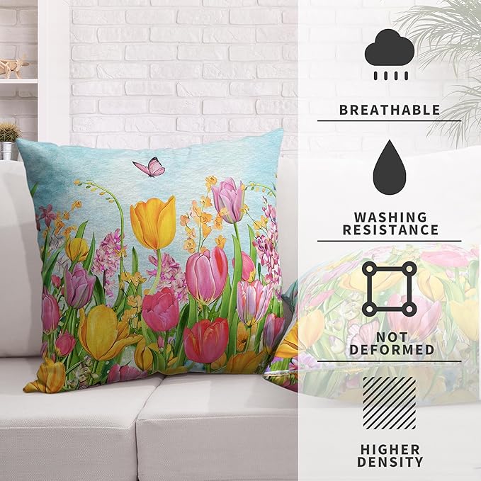 Tulip Pillow Covers 24x24 Set of 2 Spring Throw Pillow Covers Pink Yellow Tulip Floral Outdoor Pillowcase Watercolor Cotton Linen Cushion Case for Sofa Outdoor Patio