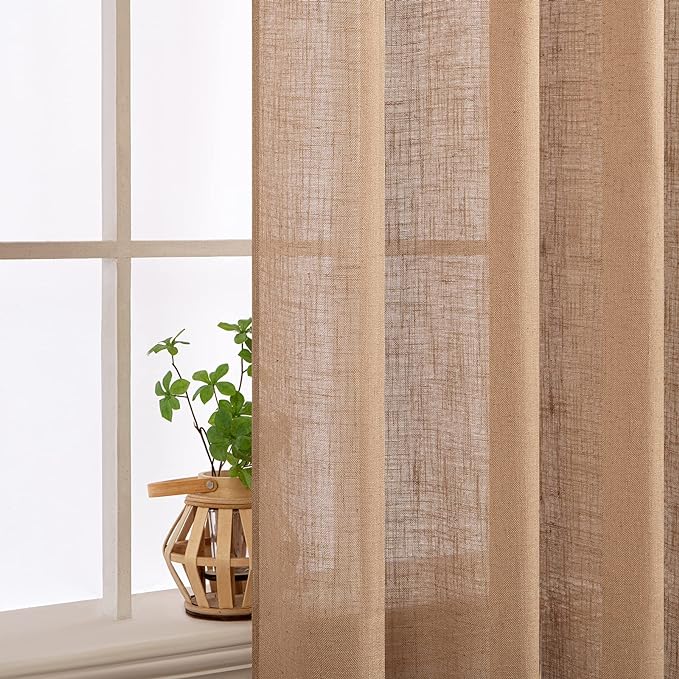 MIULEE Light Brown Short Linen Curtains 45 Inch Length 2 Panels for Kitchen Bedroom Bathroom, Soft Thick Linen Textured Basement Window Drapes Semi Sheer Light Filtering Back Tab Burlap Look Decor