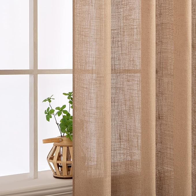 MIULEE Brown Linen Curtains 84 Inch Length for Bedroom Living Room, Soft Thick Linen Textured Window Drapes Semi Sheer Light Filtering Back Tab Rod Pocket Burlap Look Farmhouse Decor, 2 Panels