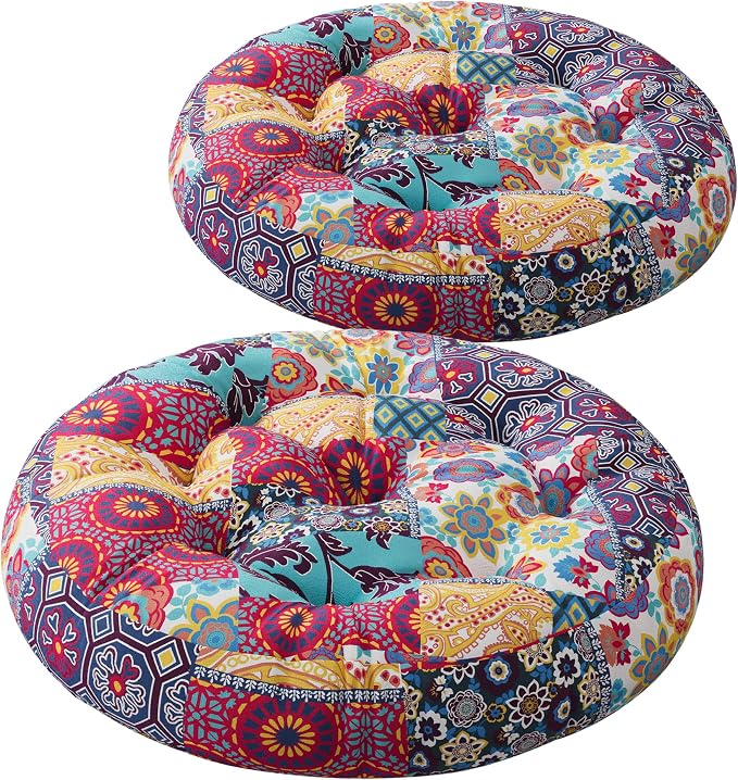 Codi Meditation Floor Pillow Set of 2, Boho Pillows Seating for Adults and Teens, Large Cushion for Yoga Living Room Tatami Sitting, Memory Foam Added, 22x22 Inch, Round Multi Patchwork