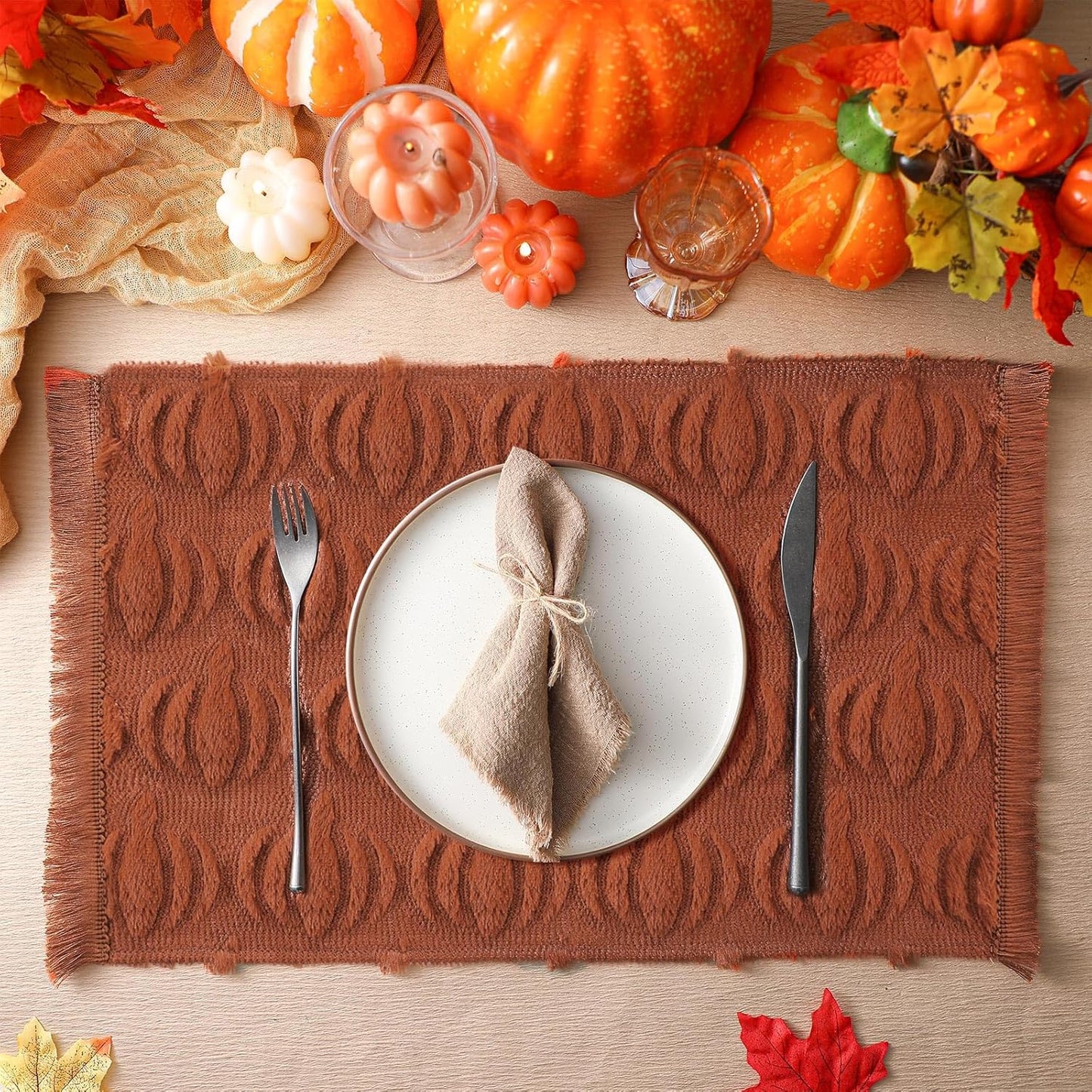 Nuanchu 4 PCS Rust Pumpkin Fall Placemats 13 x 19 Inch Autumn Harvest Soft Plush Faux Fur Wool Table Mats Thanksgiving Placemats for Party Kitchen Dining Decoration