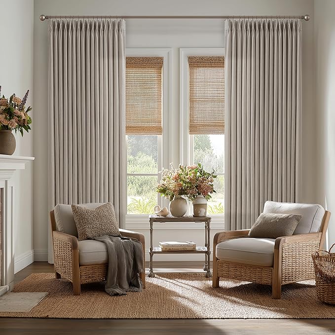 Pinch Pleated Linen Curtains 108 Inches Long 2 Panels for Living Room Bedroom Tan Brown Burlywood Taupe Drapes Back Tab Country Farmhouse Burlap Foor to Ceiling Curtains with Hooks Rings W50xL108